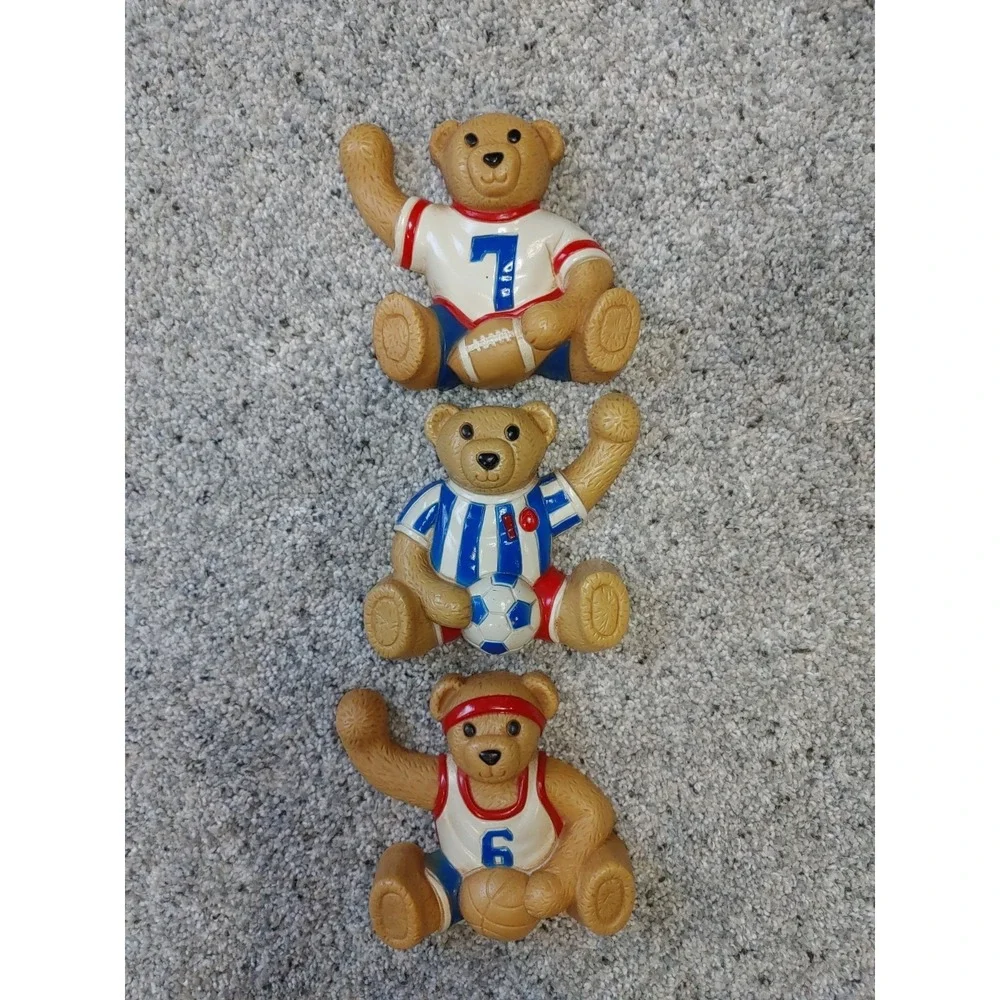Vtg Syroco Homco Set 3 Teddy Bear Sports Ball Kids Retro Sports Wall Decor
